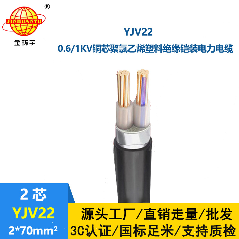 金环宇电线电缆 铜芯电缆YJV22 2X70平方 2芯钢带铠装电力电缆