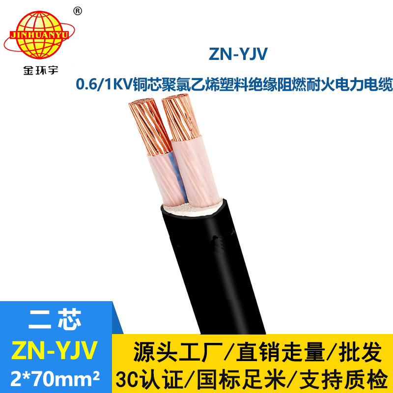 金环宇电线电缆 yjv二芯电缆ZN-YJV 2X70平方 阻燃耐火电力电缆