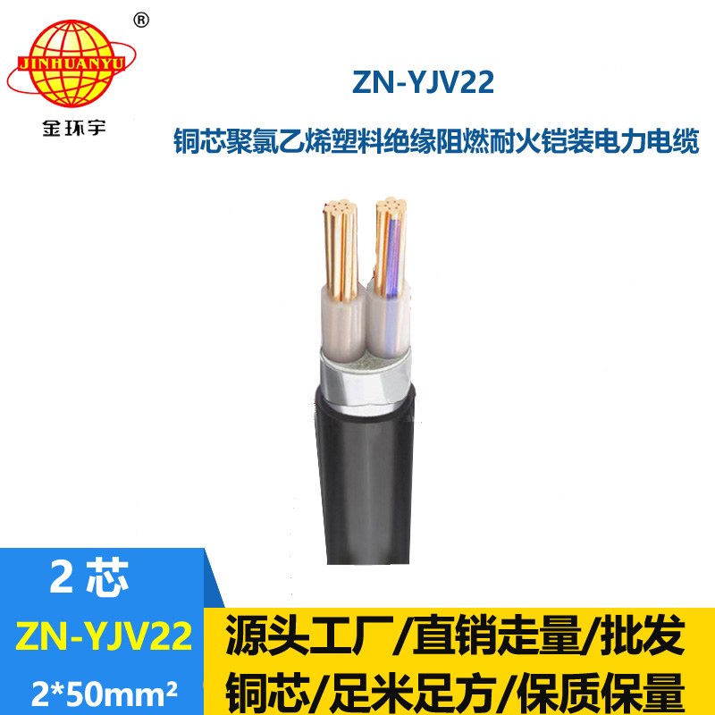 金环宇电缆 2芯电缆钢带铠装ZN-YJV22-2X50平方 阻燃耐火电缆